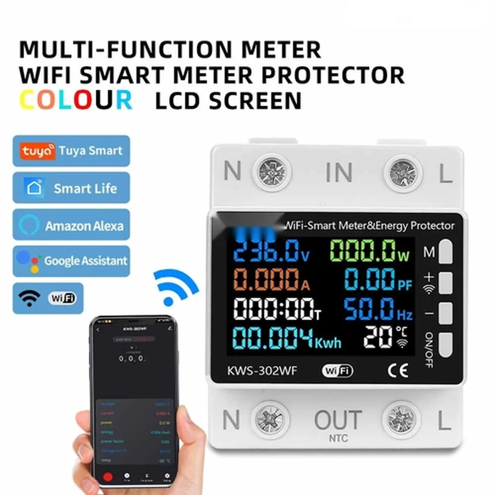 KWS-302WF WiFi 8-in-1 Smart Energy Meter 63A with Over & Under Voltage Protection