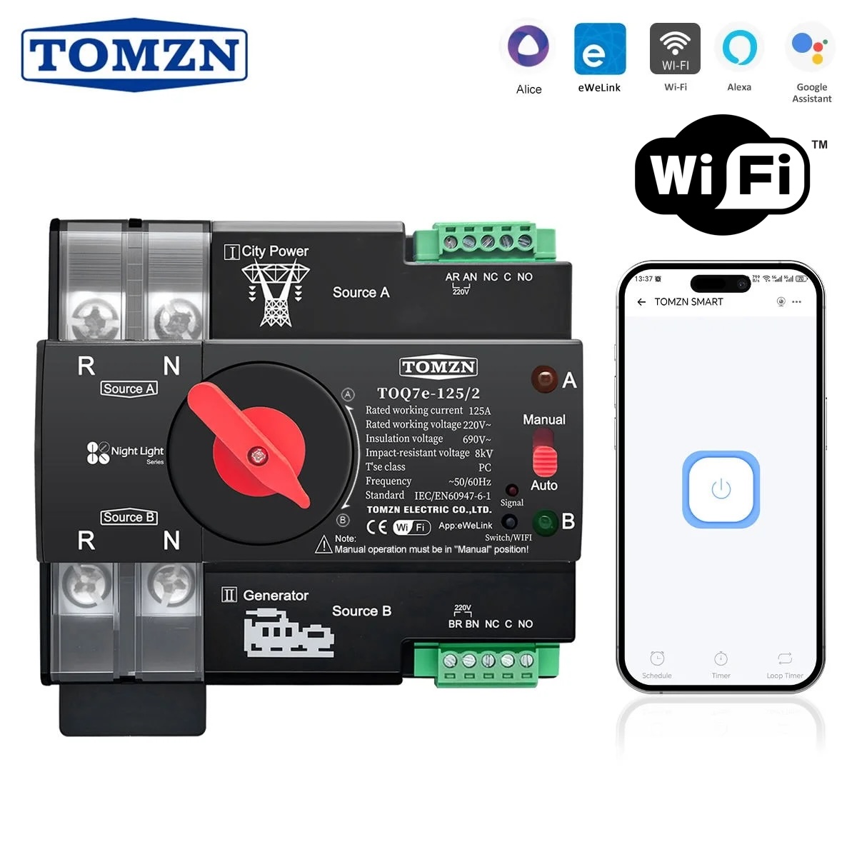 TOMZN 2P TOQ7e Dual Power WiFi ATS 125A 230V Automatic Transfer Switch